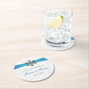 Dessous De Verre Rond Diamante Snowflake & Blue Ribbon Mariage d'hiver