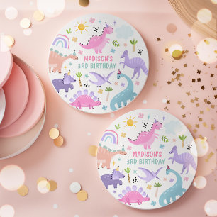 Dessous De Verre Rond Dinosaure rose fête d'anniversaire