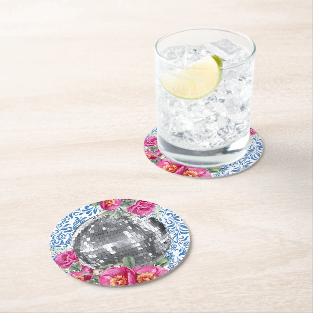 Dessous De Verre Rond Disco Ball rose Floral Carrelage bleu (En situation)