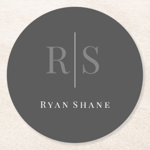 Dessous De Verre Rond DIY Grey Monogram & White Name on Dark Grey