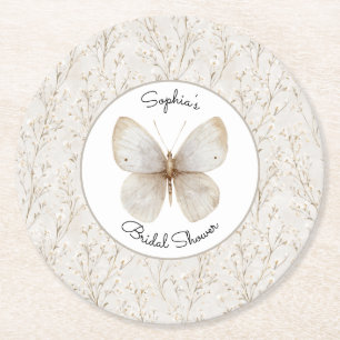 Dessous De Verre Rond Douche de Mariée Papillon Floral Blanc Crème