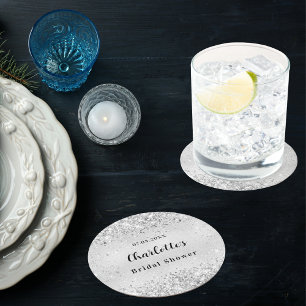 Dessous De Verre Rond Douche nuptiale argent confetti élégant