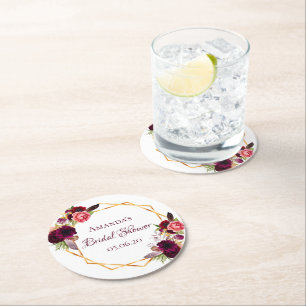 Dessous De Verre Rond Douche nuptiale fleurs bordeaux or géométrique