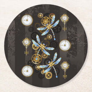 Dessous De Verre Rond Dragonflies de Steampunk sur arrière - plan rayé b