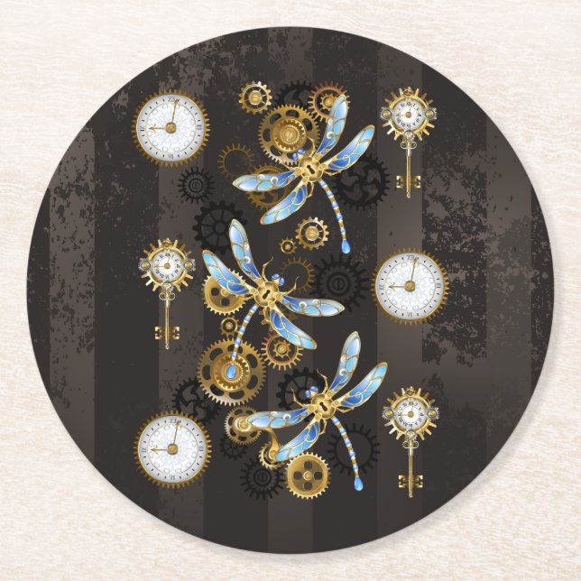 Dessous De Verre Rond Dragonflies de Steampunk sur arrière - plan rayé b (Devant)
