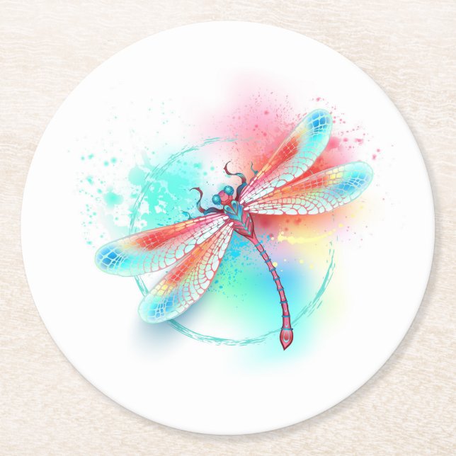 Dessous De Verre Rond Dragonfly rouge sur l'arrière - plan aquarelle (Devant)