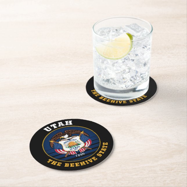 DESSOUS DE VERRE ROND DRAPEAU DE L'ÉTAT D'UTAH BEEHIVE (En situation)