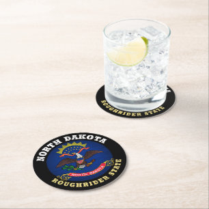 DESSOUS DE VERRE ROND DRAPEAU D'ÉTAT DU NORD DAKOTA ROUGHRIDER