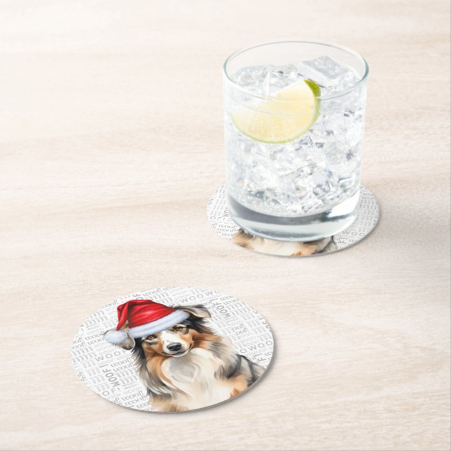 Dessous De Verre Rond Drôle chien berger australien Noël (En situation)