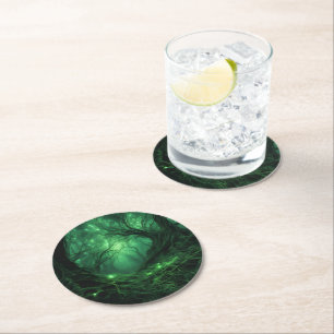 Dessous De Verre Rond Éffrayante Forêt verte foncée