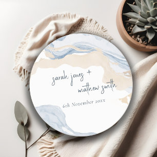 Dessous De Verre Rond Elégant Abstrait Bleu Beige Côte Plage Mariage