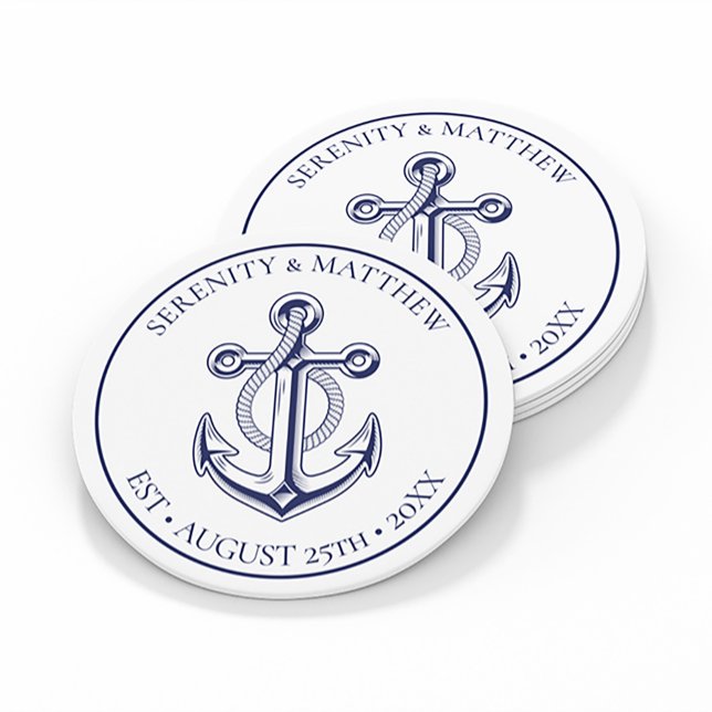 Dessous De Verre Rond Elégant Ancre marin Marine Bleu Mariage nautique (Créateur téléchargé)