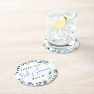 Dessous De Verre Rond Elégant Baby shower Bleu Blanc Floral Spring Boy