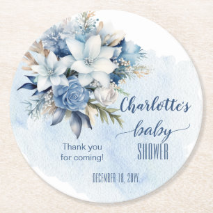 Dessous De Verre Rond Elégant Baby shower Floral d'hiver bleu