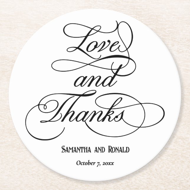 Dessous De Verre Rond Élégant blanc amour et merci Mariage (Devant)