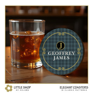 Dessous De Verre Rond Élégant damier monogrammé noir et or