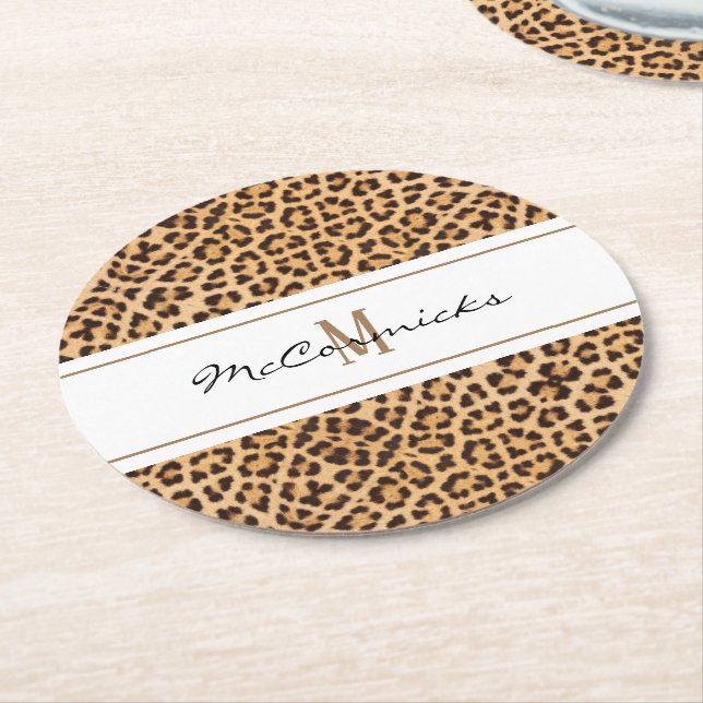 Dessous De Verre Rond Élégant Empreinte de léopard Monogramme personnali (Incliné)