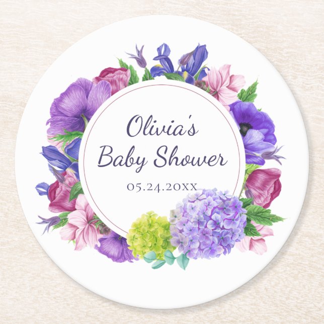 Dessous De Verre Rond Élégant floral | Baby shower aquarelle (Devant)