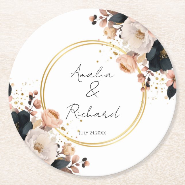 Dessous De Verre Rond Elegant Floral Personalized Wedding Coasters (Devant)