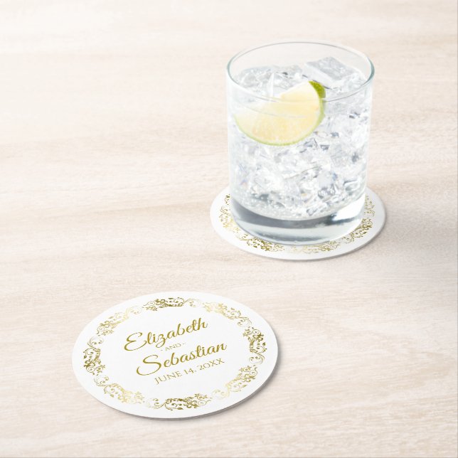 Dessous De Verre Rond Elégant Gold Filigree Simple Mariage chic (En situation)