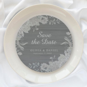 Dessous De Verre Rond Elégant Gris Silver Floral Enregistrer la date Mar