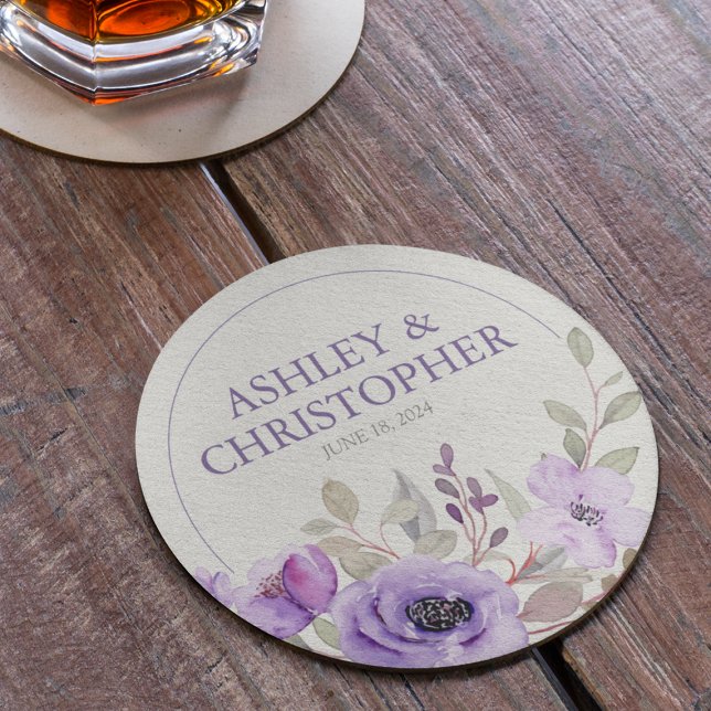 Dessous De Verre Rond Élégant Lavender Aquarelle Floral Bouquet Mariage (Créateur téléchargé)