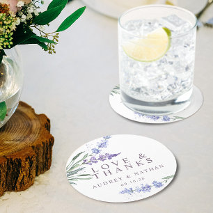 Dessous De Verre Rond Élégant Lavender Love et Merci mariage Favor