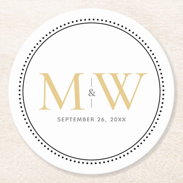 Dessous De Verre Rond Élégant Mariage de Monogramme Or (Devant)
