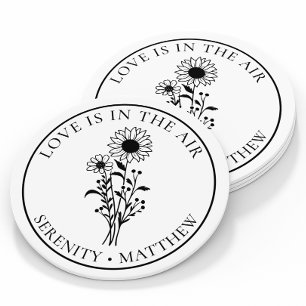 Dessous De Verre Rond Élégant Mariage floral de tournesol noir blanc