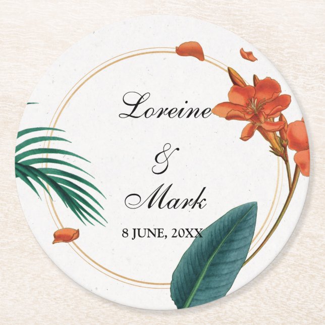 Dessous De Verre Rond Élégant Mariage floral tropical (Devant)