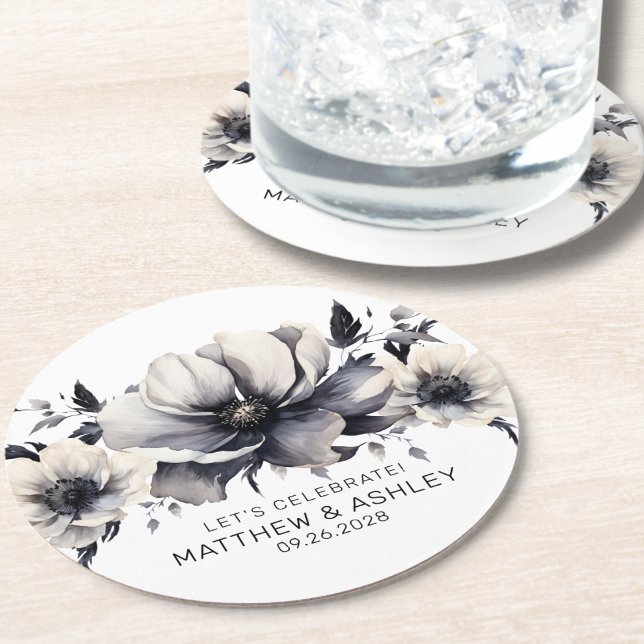 Dessous De Verre Rond Élégant Mariage moderne noir blanc floral (Chic Elegant Date Boho Floral Black White Wedding Round Paper Coaster)