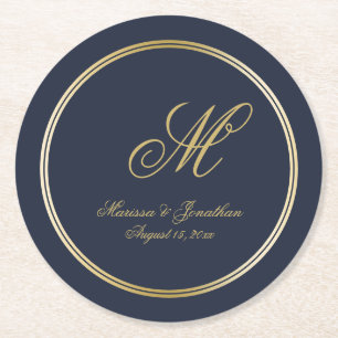 Dessous De Verre Rond Élégant Marine Blue Gold Monogramme Mariage de scr
