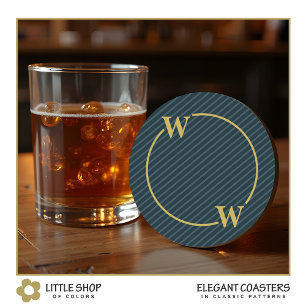 Dessous De Verre Rond Élégant Monogramme à rayures d'or noir