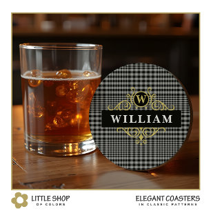 Dessous De Verre Rond Élégant monogramme carreau Glen noir or gris
