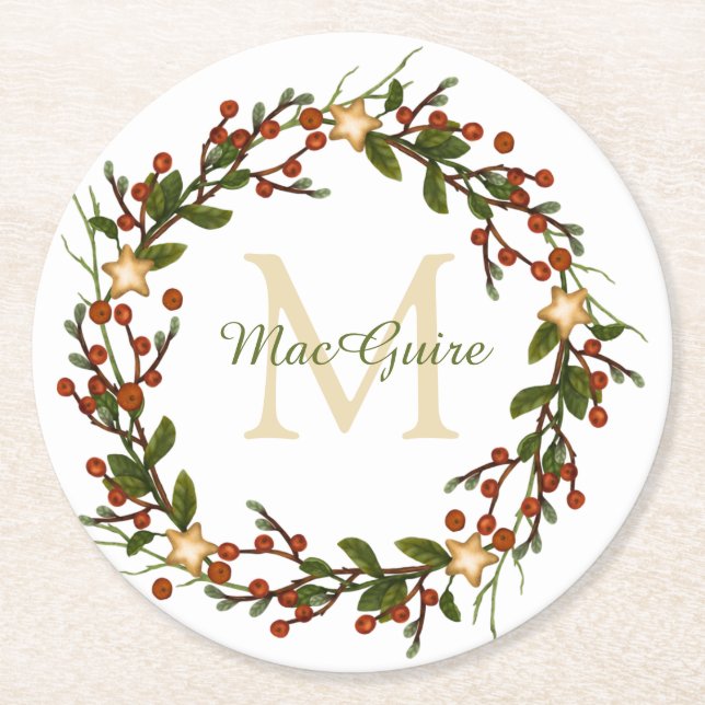 Dessous De Verre Rond Élégant monogramme de couronne de Noël initial (Devant)
