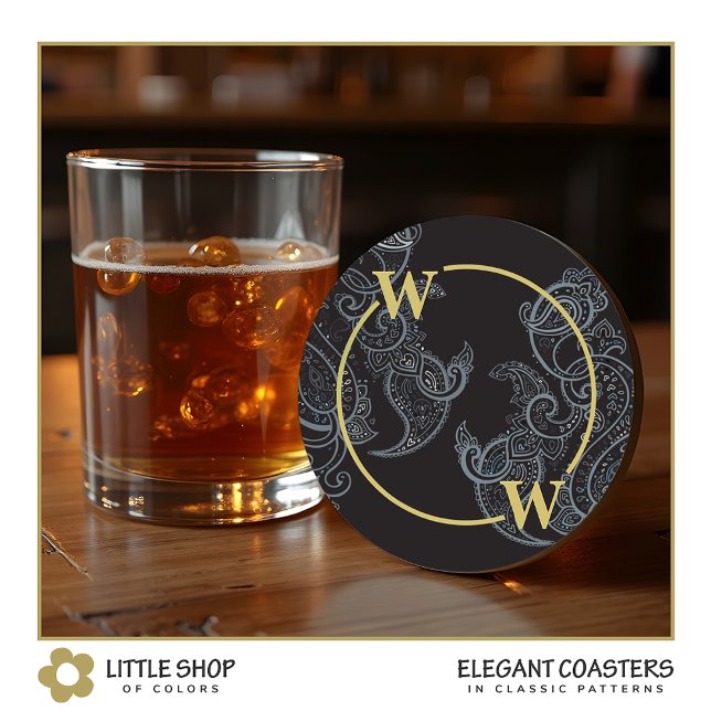 Dessous De Verre Rond Élégant Monogramme de marguerite en or noir (Créateur téléchargé)