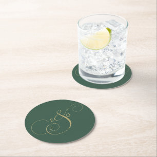 Dessous De Verre Rond Élégant Monogramme Ivoire Mariage Brun Atténué