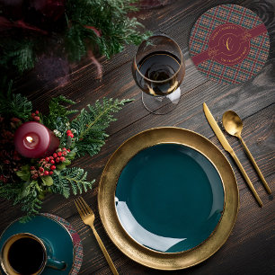Dessous De Verre Rond Élégant Monogramme Or Plaid Noël