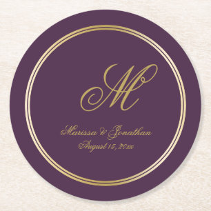 Dessous De Verre Rond Élégant Monogramme Or Script Plum Purple Mariage