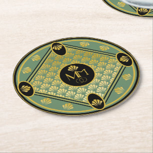 Dessous De Verre Rond Élégant Motif Art Déco Monogramme Mariage