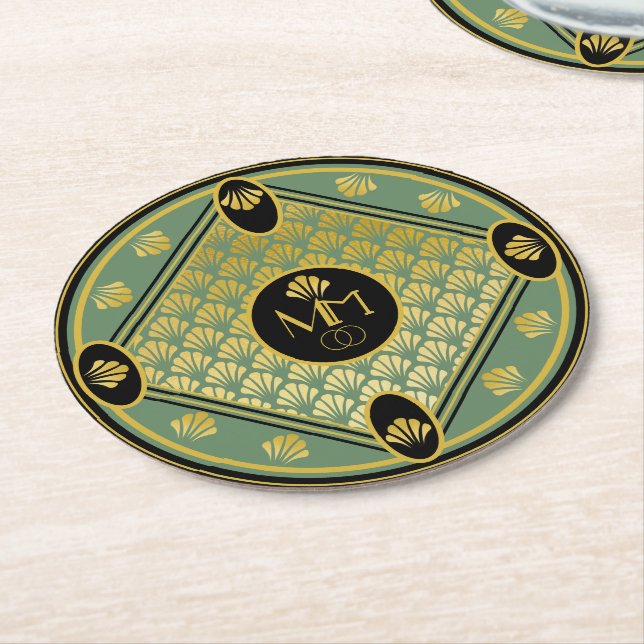 Dessous De Verre Rond Élégant Motif Art Déco Monogramme Mariage (Incliné)