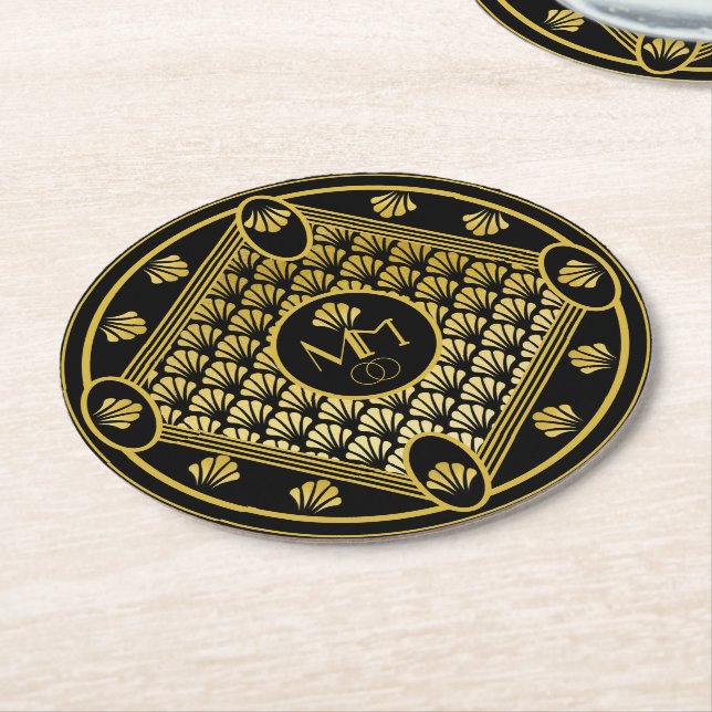 Dessous De Verre Rond Élégant Motif Art Déco Monogramme Mariage (Incliné)