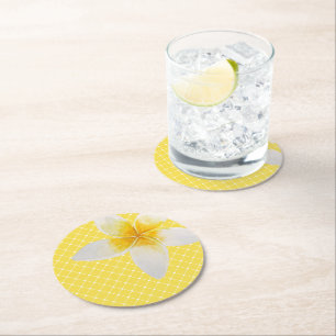 Dessous De Verre Rond Élégant Motif Tropical Flower & Trellis   Jaune