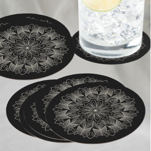 Dessous De Verre Rond Elégant noir Mandala Boho Chic Mariage indien