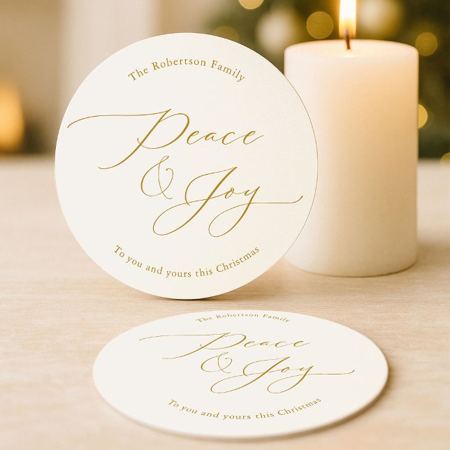 Dessous De Verre Rond Elegant Peace & Joy Gold Script Christmas (Créateur téléchargé)