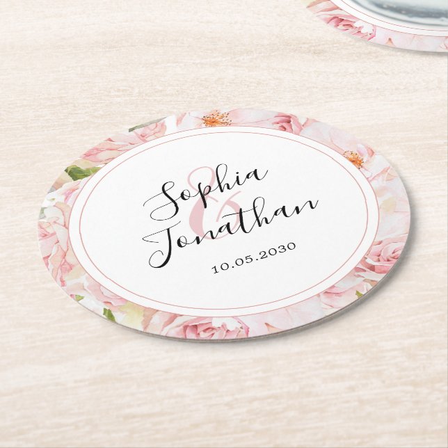 Dessous De Verre Rond Élégant rose Roses Mariage personnalisé (Incliné)