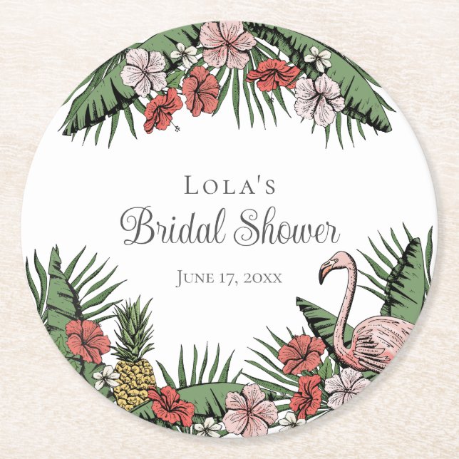 Dessous De Verre Rond Élégant Shower de Mariée Flamant Tropical et Hibis (Devant)