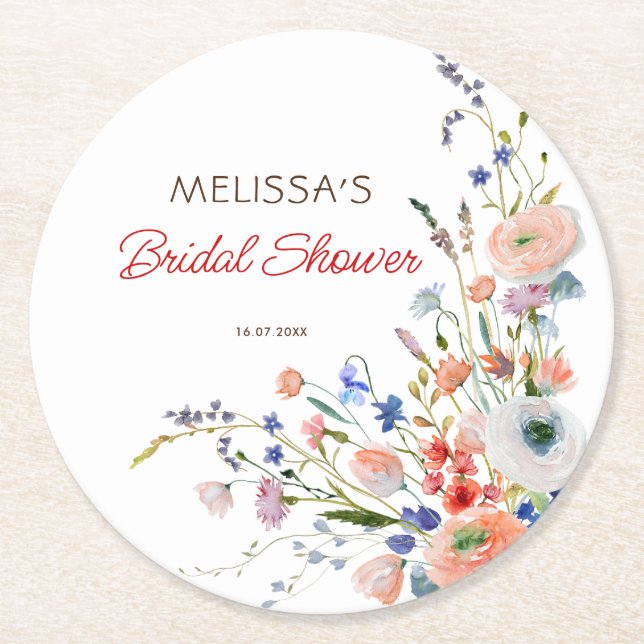 Dessous De Verre Rond Élégant Shower de Mariée Floral (Devant)