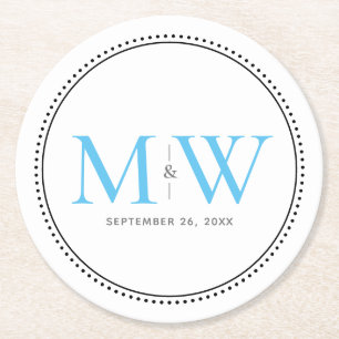 Dessous De Verre Rond Élégant Sky Blue Monogram Mariage