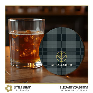 Dessous De Verre Rond Élégant Tartan à Carreaux Noir et Or Monogramme